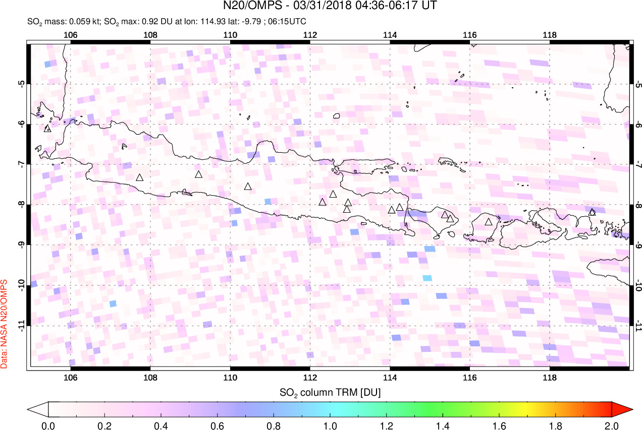 A sulfur dioxide image over Java, Indonesia on Mar 31, 2018.