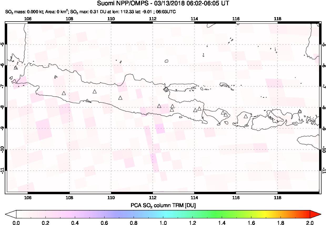 A sulfur dioxide image over Java, Indonesia on Mar 13, 2018.