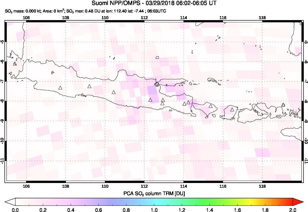 A sulfur dioxide image over Java, Indonesia on Mar 29, 2018.