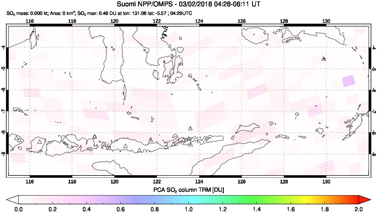 A sulfur dioxide image over Lesser Sunda Islands, Indonesia on Mar 02, 2018.