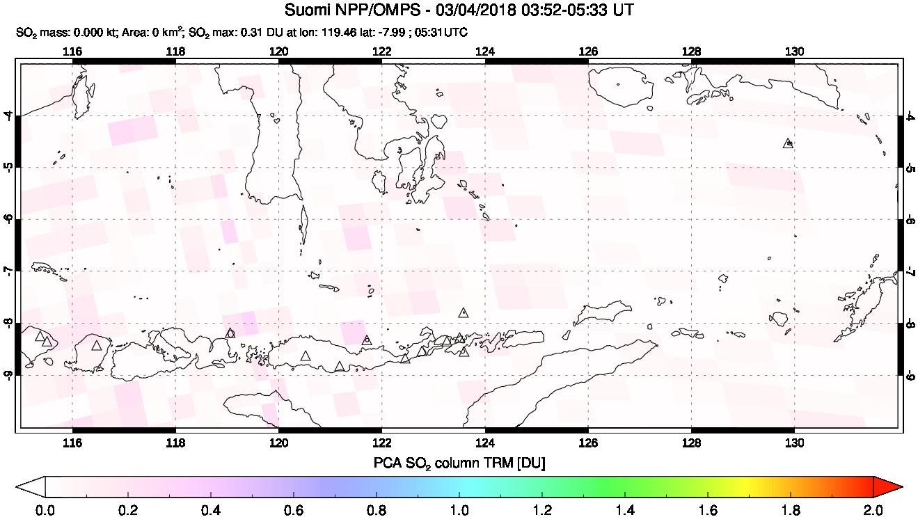 A sulfur dioxide image over Lesser Sunda Islands, Indonesia on Mar 04, 2018.