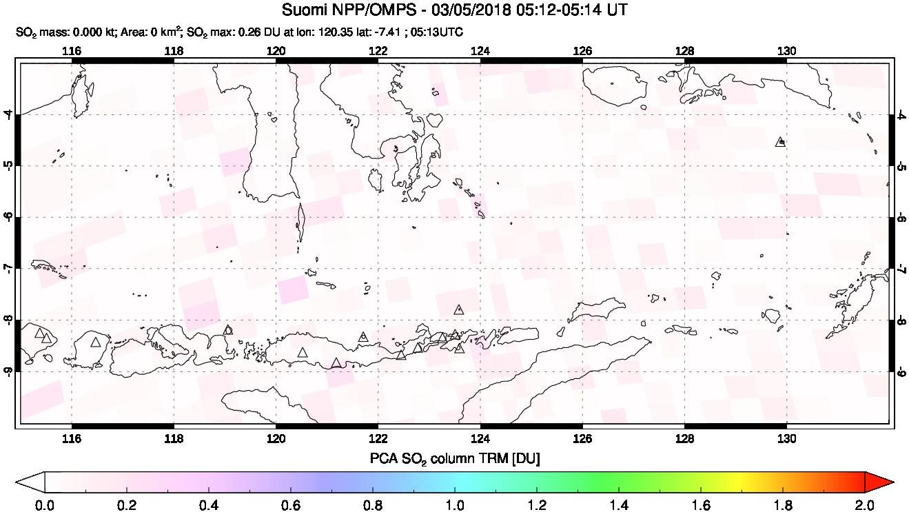 A sulfur dioxide image over Lesser Sunda Islands, Indonesia on Mar 05, 2018.