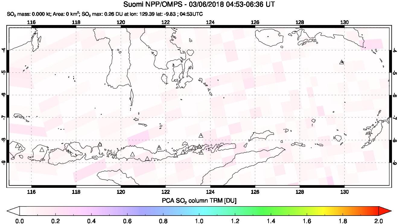 A sulfur dioxide image over Lesser Sunda Islands, Indonesia on Mar 06, 2018.