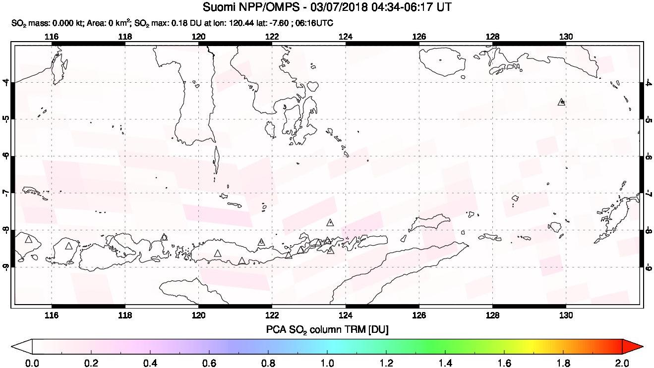 A sulfur dioxide image over Lesser Sunda Islands, Indonesia on Mar 07, 2018.