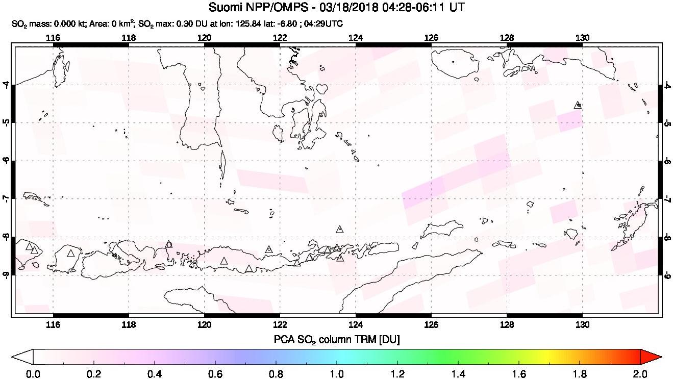 A sulfur dioxide image over Lesser Sunda Islands, Indonesia on Mar 18, 2018.