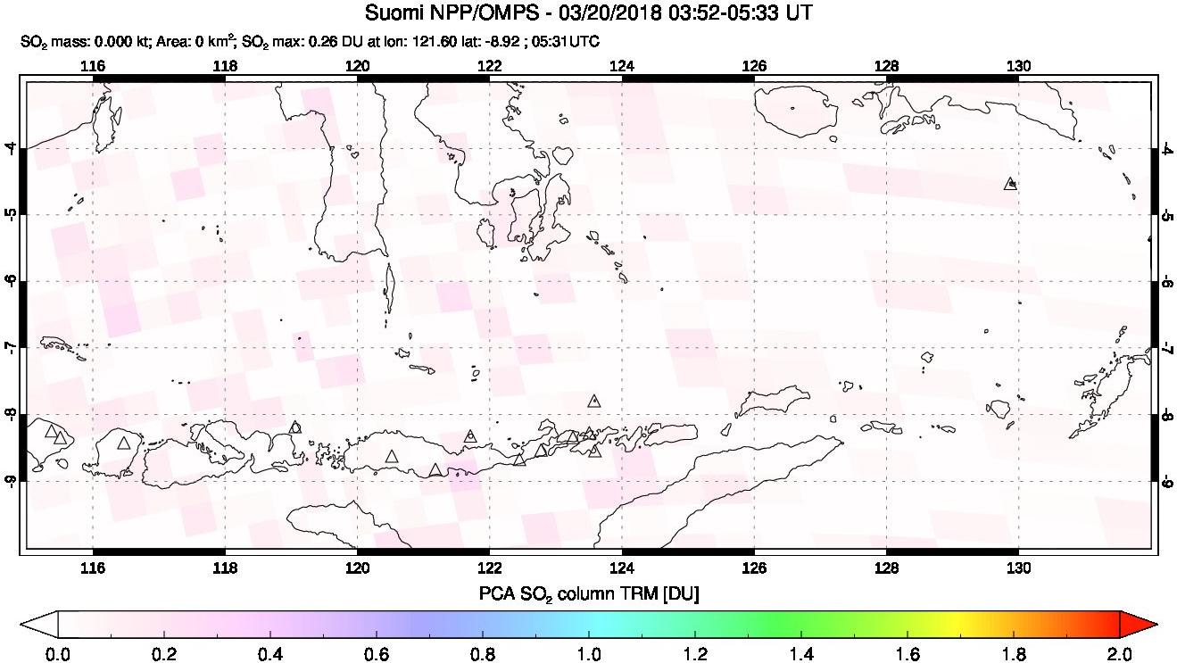 A sulfur dioxide image over Lesser Sunda Islands, Indonesia on Mar 20, 2018.