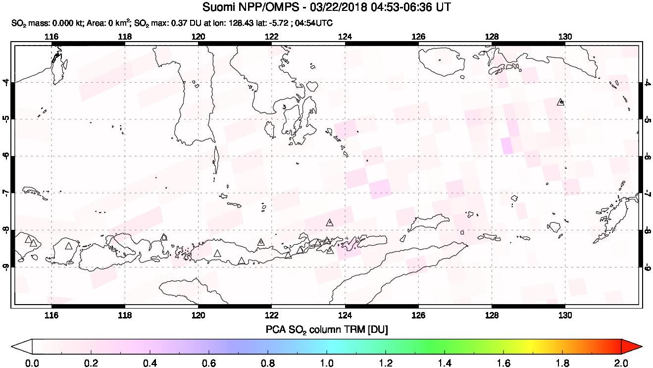 A sulfur dioxide image over Lesser Sunda Islands, Indonesia on Mar 22, 2018.