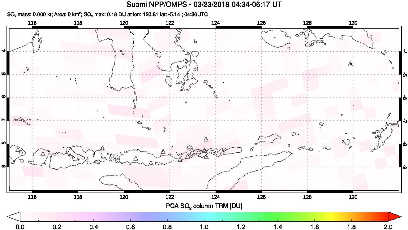 A sulfur dioxide image over Lesser Sunda Islands, Indonesia on Mar 23, 2018.