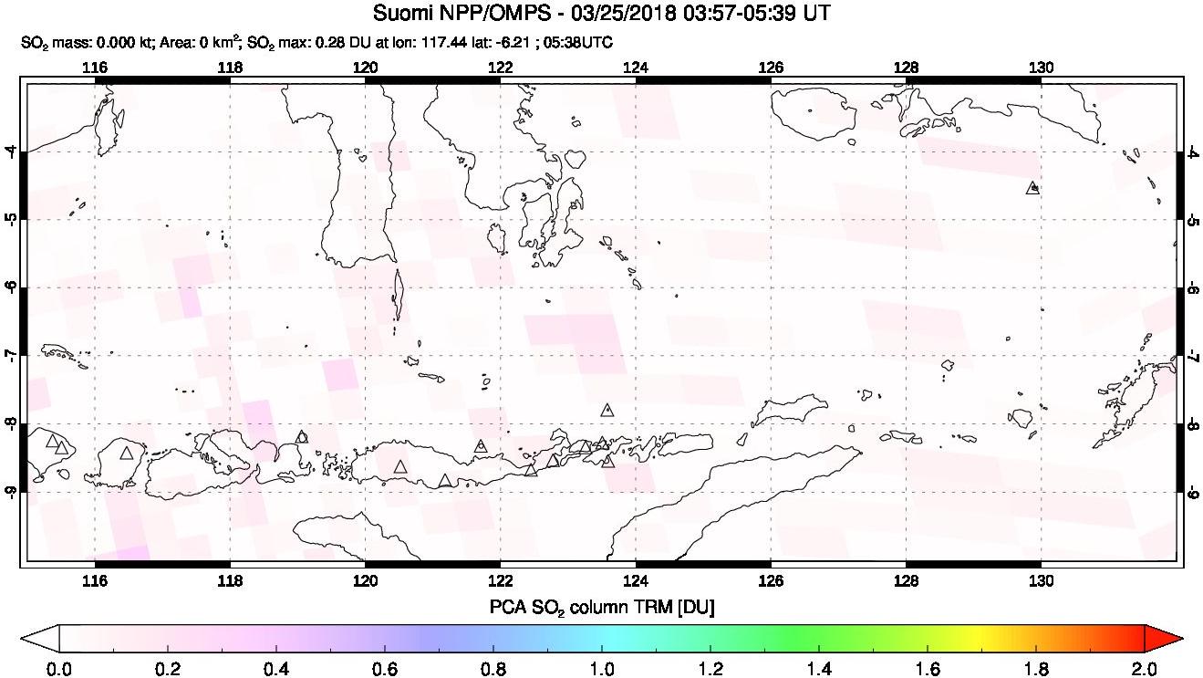 A sulfur dioxide image over Lesser Sunda Islands, Indonesia on Mar 25, 2018.