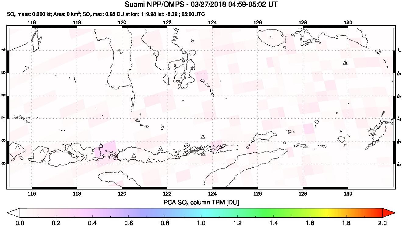 A sulfur dioxide image over Lesser Sunda Islands, Indonesia on Mar 27, 2018.