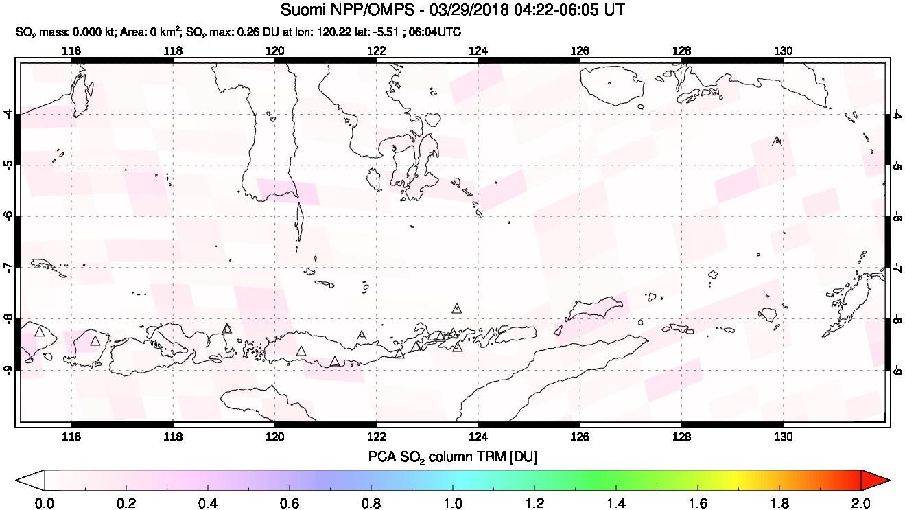 A sulfur dioxide image over Lesser Sunda Islands, Indonesia on Mar 29, 2018.
