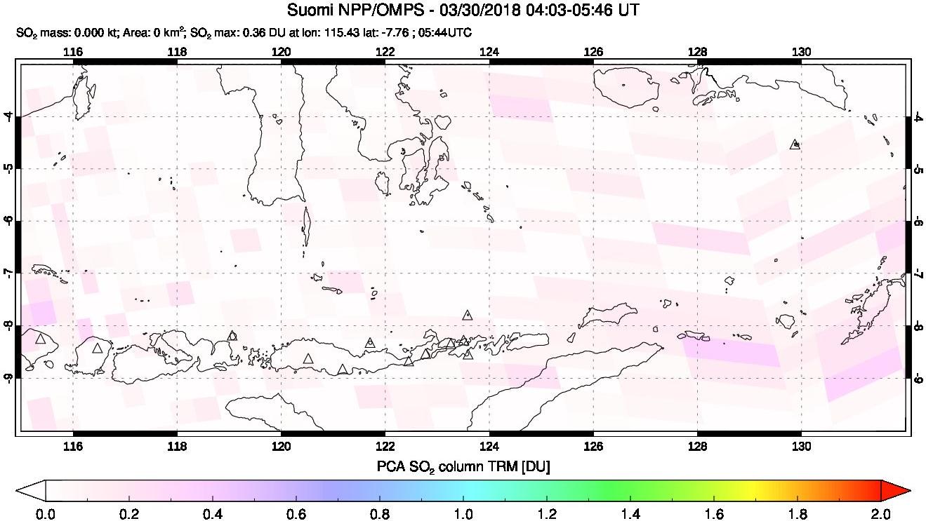 A sulfur dioxide image over Lesser Sunda Islands, Indonesia on Mar 30, 2018.