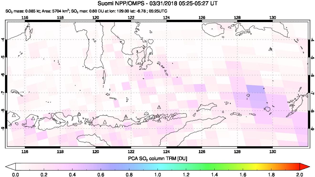 A sulfur dioxide image over Lesser Sunda Islands, Indonesia on Mar 31, 2018.