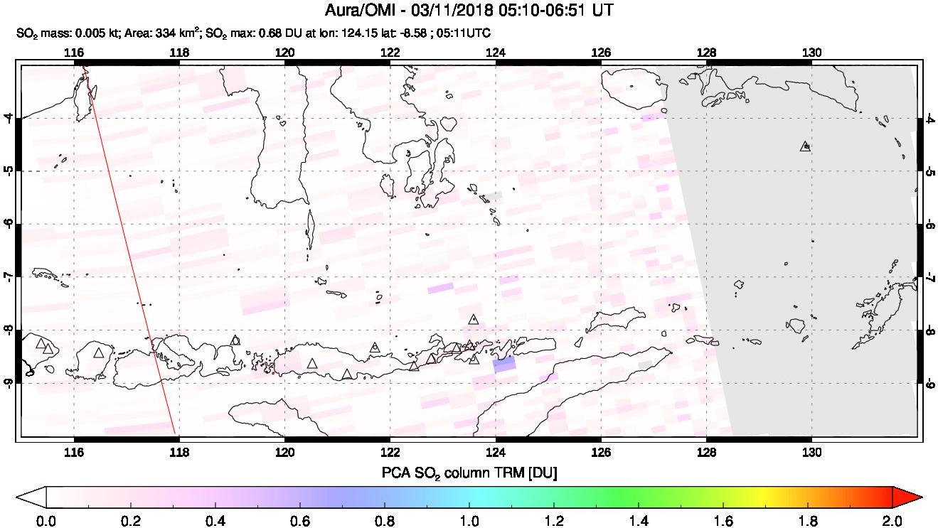A sulfur dioxide image over Lesser Sunda Islands, Indonesia on Mar 11, 2018.