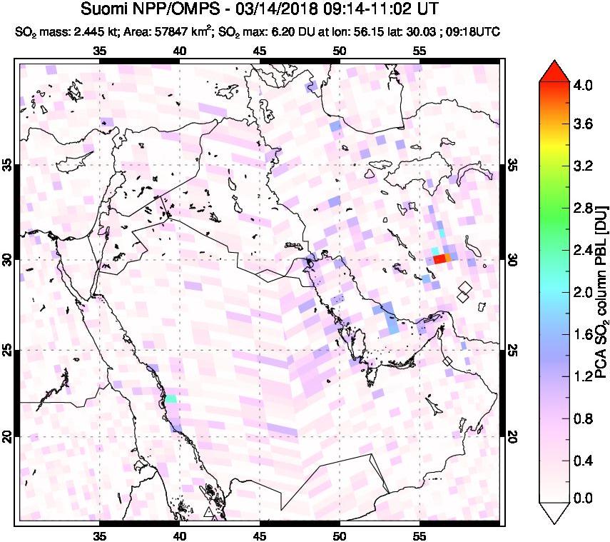 A sulfur dioxide image over Middle East on Mar 14, 2018.