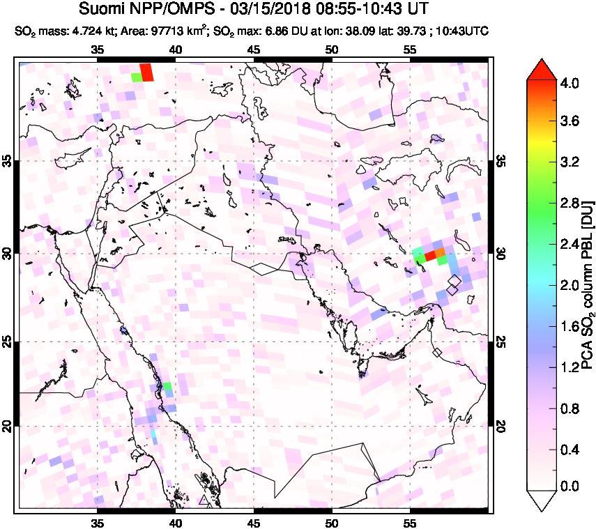 A sulfur dioxide image over Middle East on Mar 15, 2018.