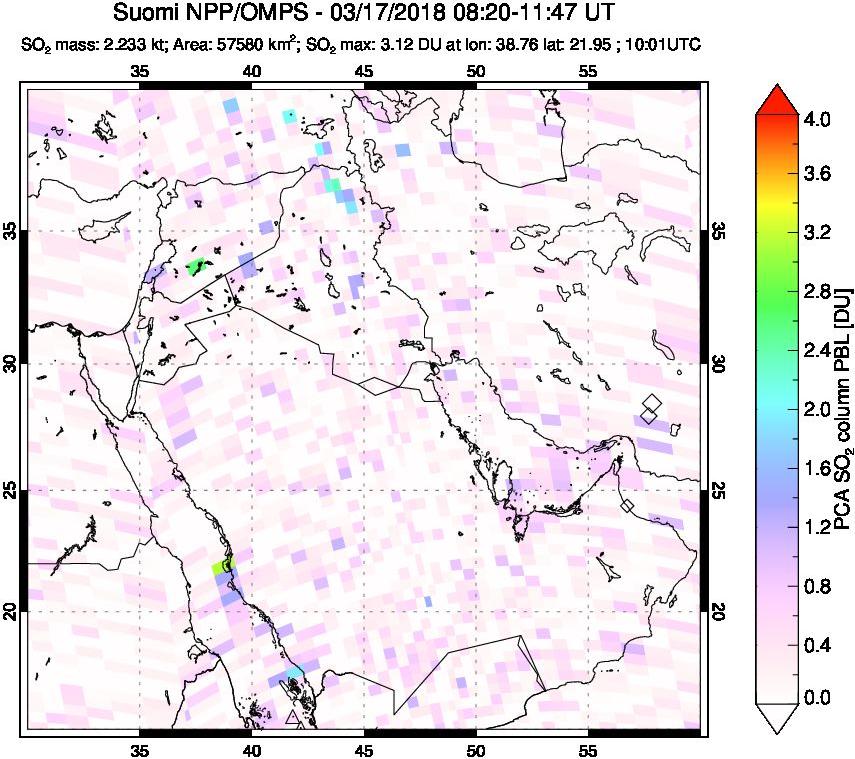 A sulfur dioxide image over Middle East on Mar 17, 2018.