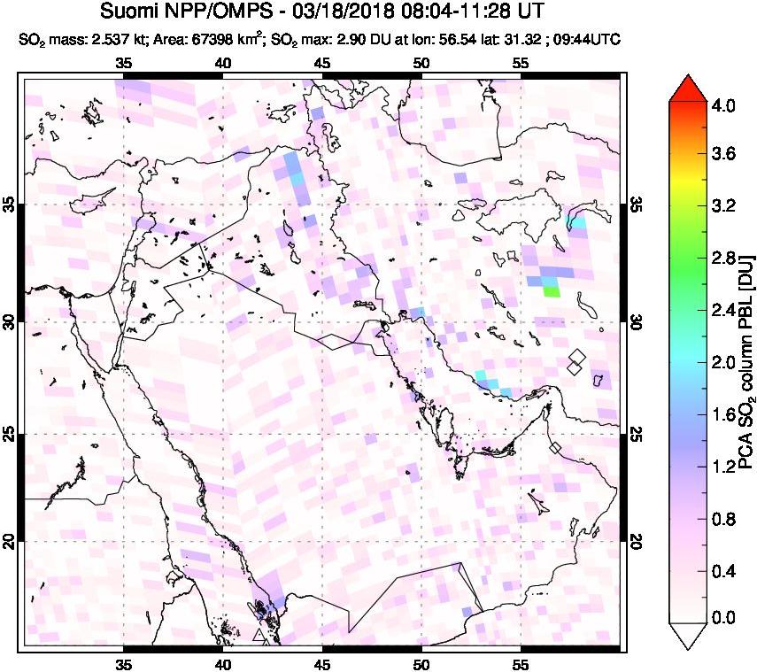 A sulfur dioxide image over Middle East on Mar 18, 2018.