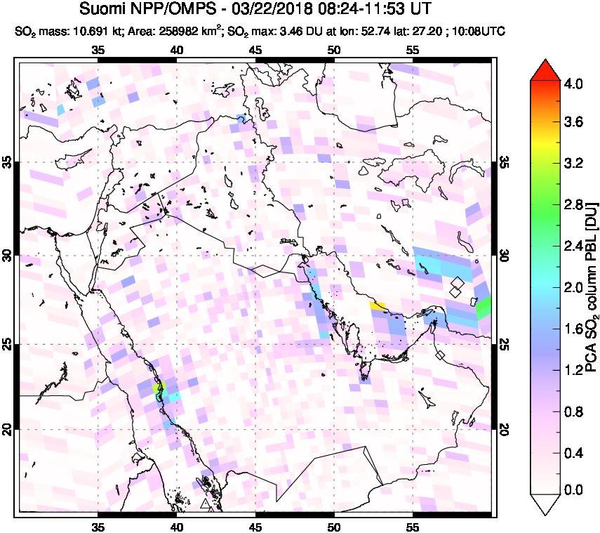 A sulfur dioxide image over Middle East on Mar 22, 2018.