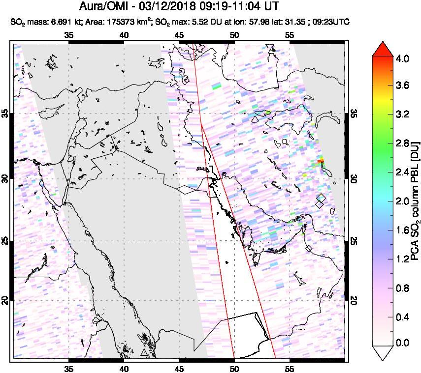 A sulfur dioxide image over Middle East on Mar 12, 2018.