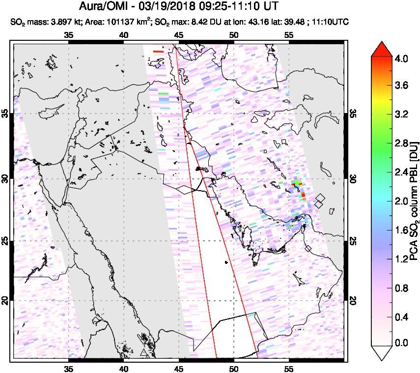 A sulfur dioxide image over Middle East on Mar 19, 2018.
