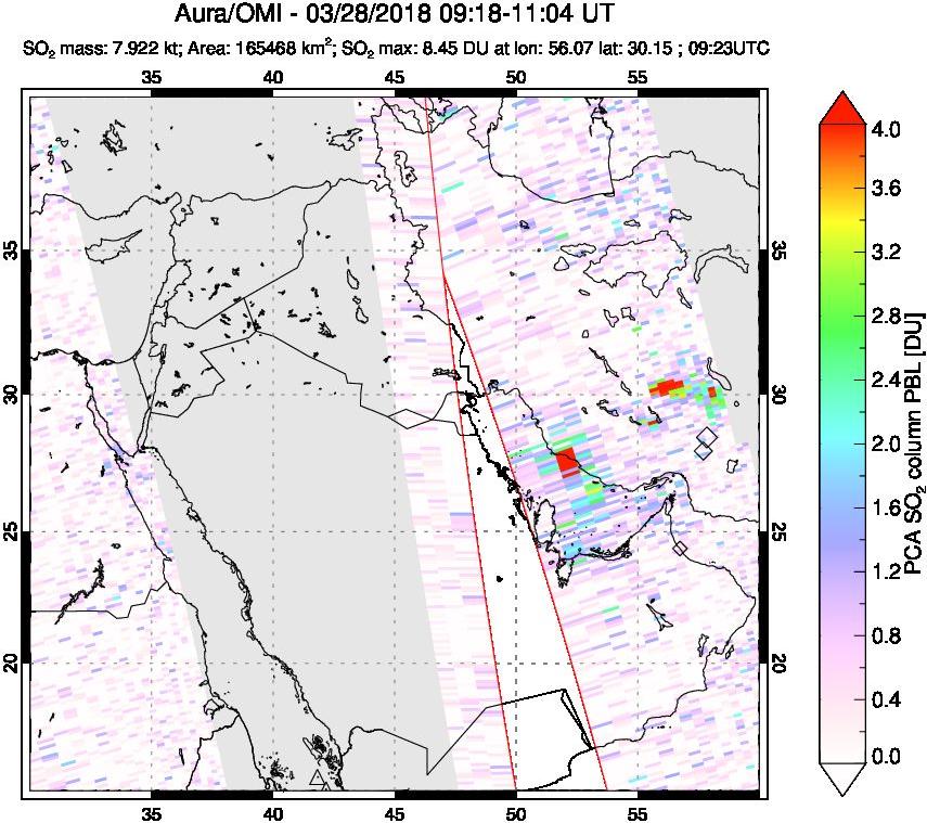 A sulfur dioxide image over Middle East on Mar 28, 2018.