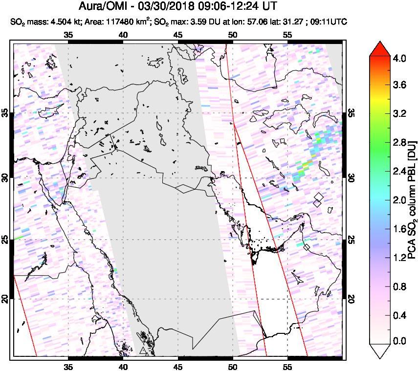 A sulfur dioxide image over Middle East on Mar 30, 2018.