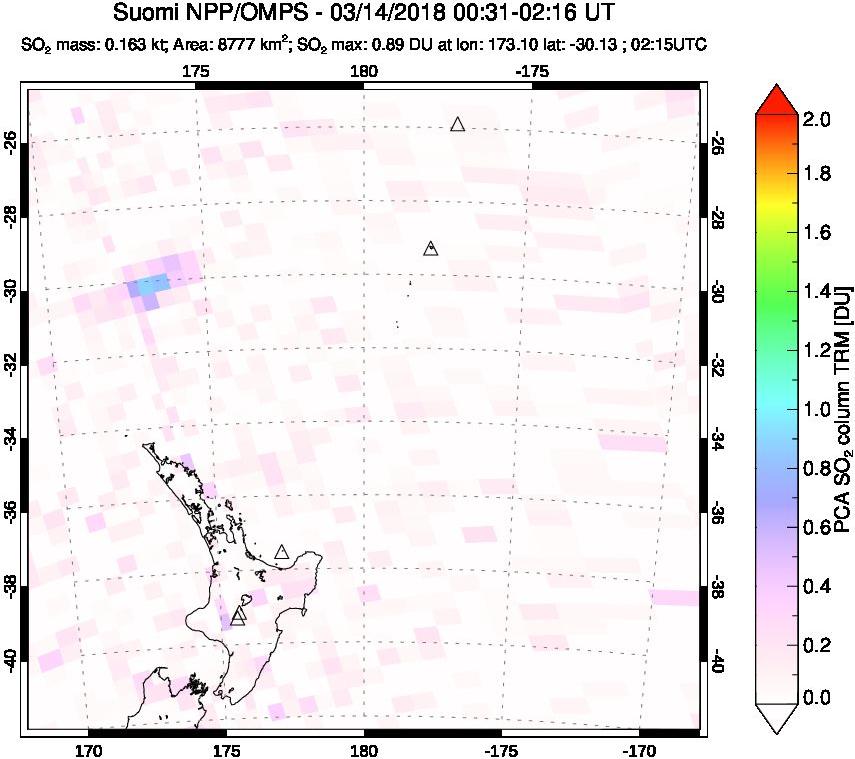 A sulfur dioxide image over New Zealand on Mar 14, 2018.