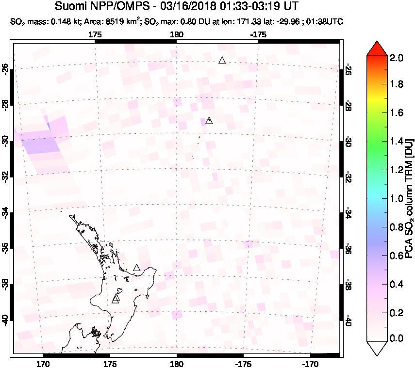 A sulfur dioxide image over New Zealand on Mar 16, 2018.