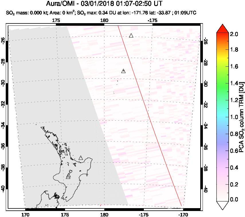A sulfur dioxide image over New Zealand on Mar 01, 2018.
