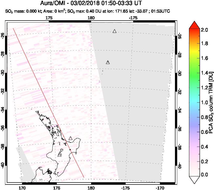 A sulfur dioxide image over New Zealand on Mar 02, 2018.