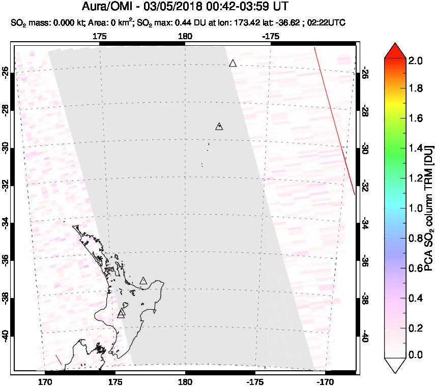 A sulfur dioxide image over New Zealand on Mar 05, 2018.