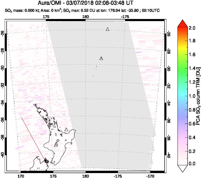 A sulfur dioxide image over New Zealand on Mar 07, 2018.