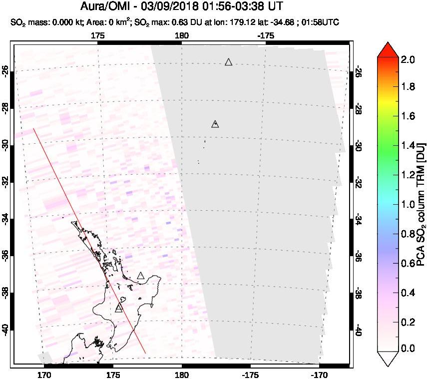 A sulfur dioxide image over New Zealand on Mar 09, 2018.