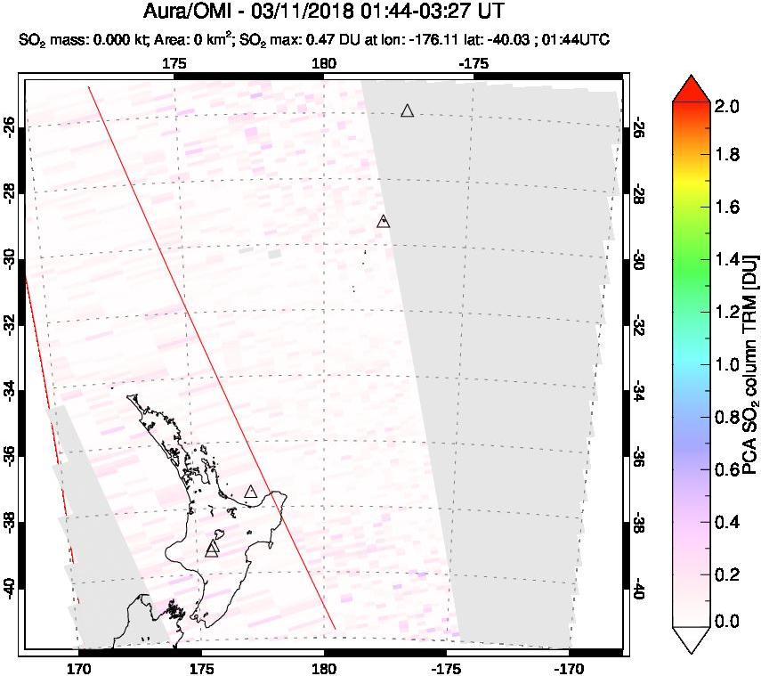 A sulfur dioxide image over New Zealand on Mar 11, 2018.