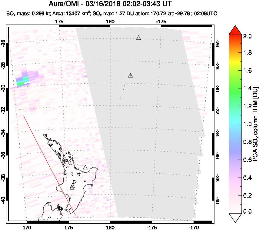 A sulfur dioxide image over New Zealand on Mar 16, 2018.