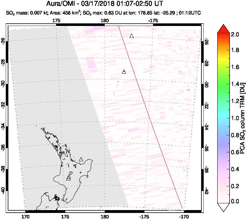 A sulfur dioxide image over New Zealand on Mar 17, 2018.