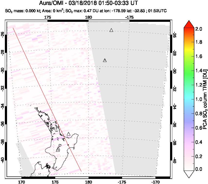 A sulfur dioxide image over New Zealand on Mar 18, 2018.