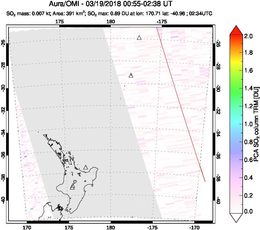 A sulfur dioxide image over New Zealand on Mar 19, 2018.