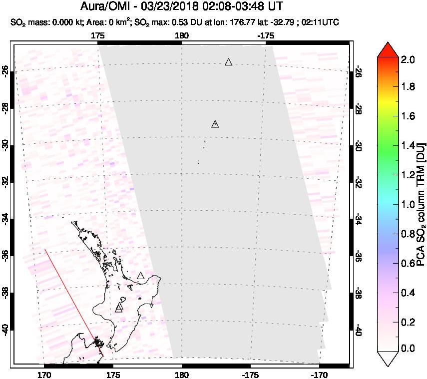 A sulfur dioxide image over New Zealand on Mar 23, 2018.