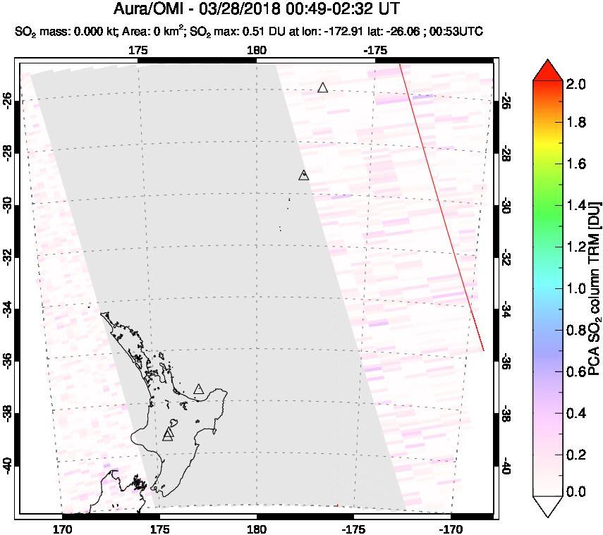 A sulfur dioxide image over New Zealand on Mar 28, 2018.