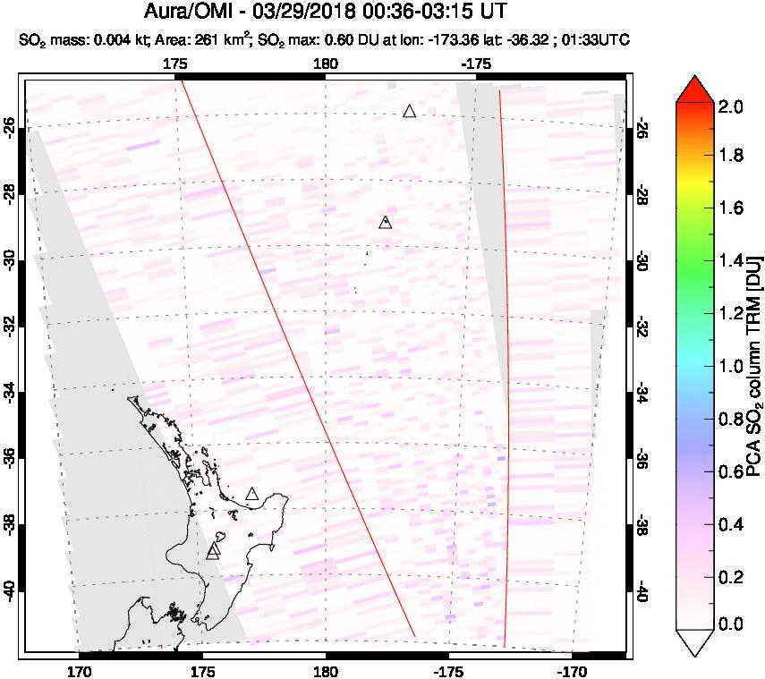 A sulfur dioxide image over New Zealand on Mar 29, 2018.