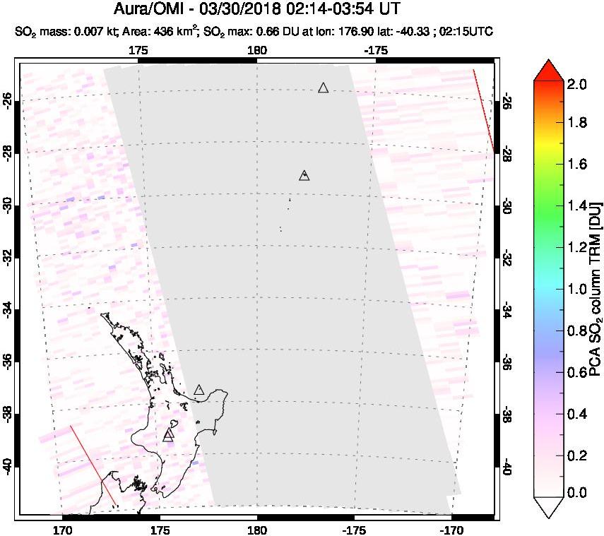 A sulfur dioxide image over New Zealand on Mar 30, 2018.