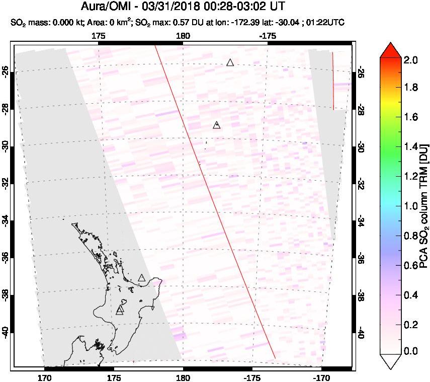 A sulfur dioxide image over New Zealand on Mar 31, 2018.
