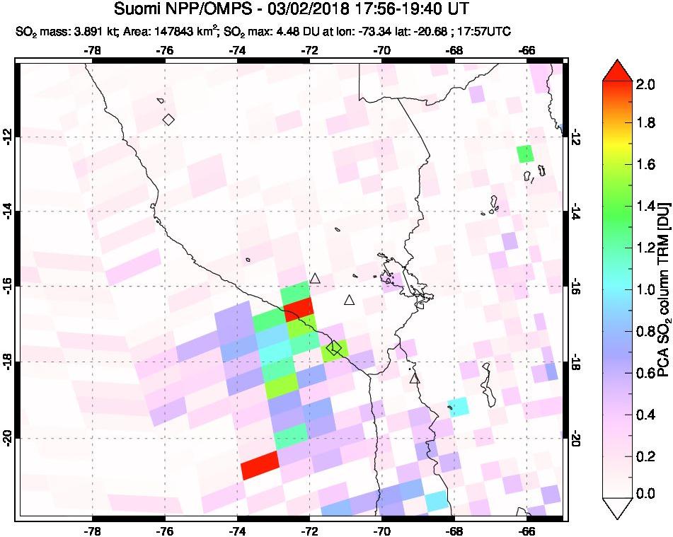 A sulfur dioxide image over Peru on Mar 02, 2018.