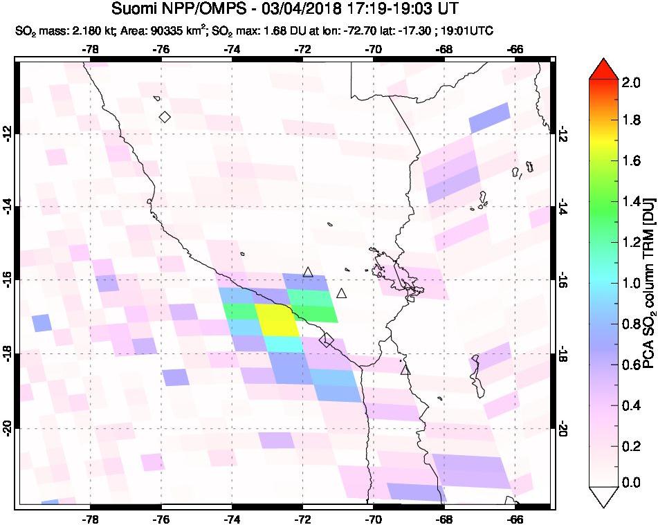 A sulfur dioxide image over Peru on Mar 04, 2018.
