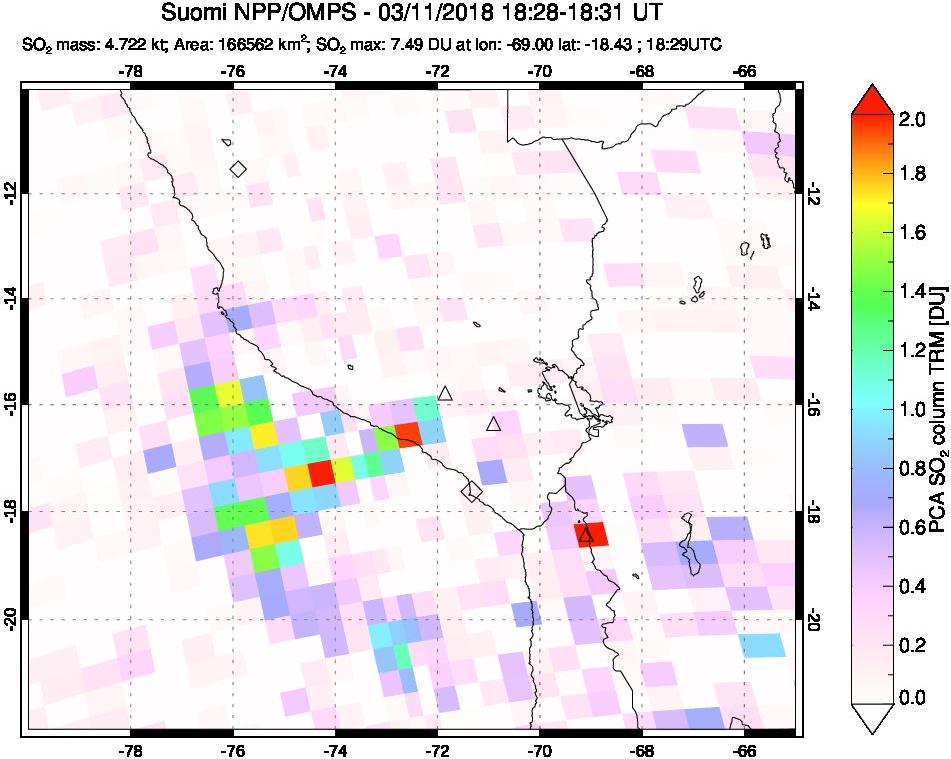 A sulfur dioxide image over Peru on Mar 11, 2018.