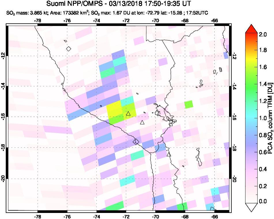 A sulfur dioxide image over Peru on Mar 13, 2018.