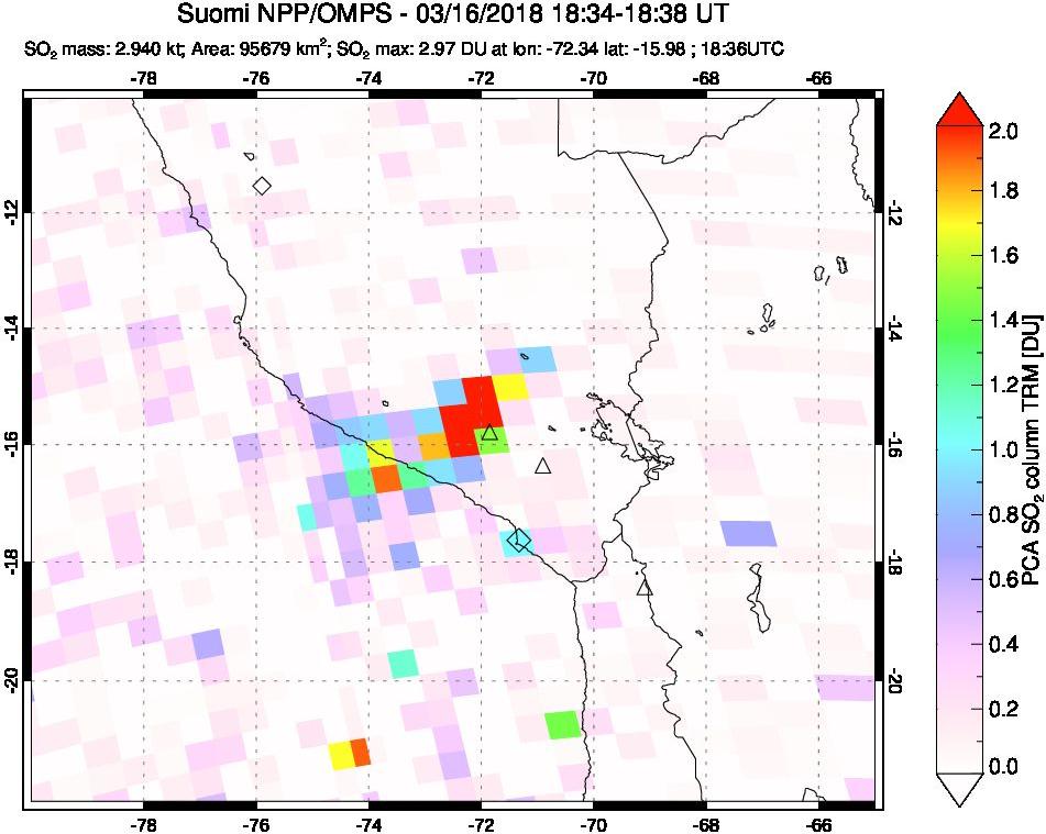 A sulfur dioxide image over Peru on Mar 16, 2018.