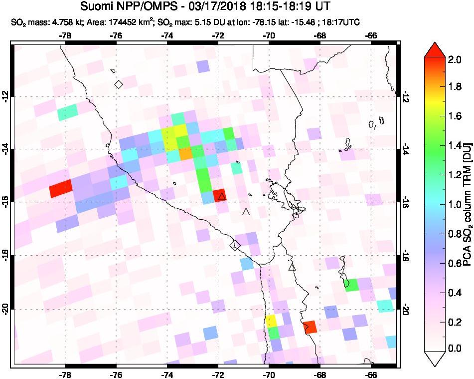 A sulfur dioxide image over Peru on Mar 17, 2018.